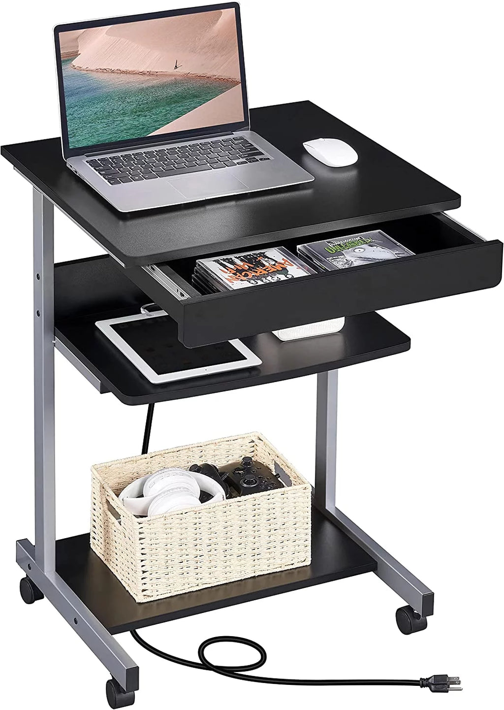 Black Compact Laptop Desk On Wheels With Power Outlet And USB Ports I66876