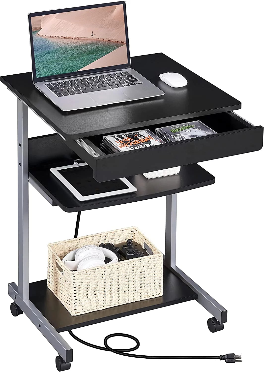 Black Compact Laptop Desk On Wheels With Power Outlet And USB Ports I66876