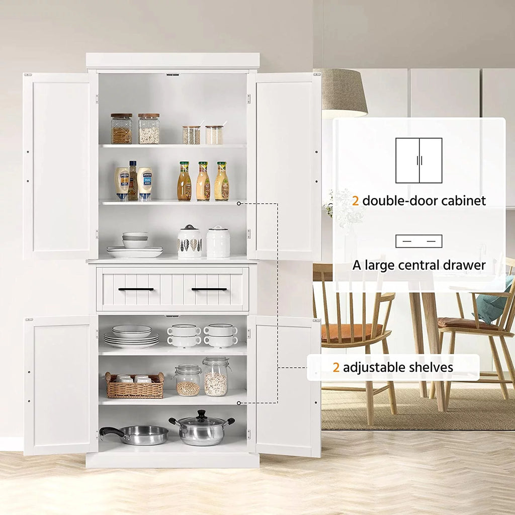 White Freestanding Kitchen Pantry Storage Cabinet with Drawer and 2 Adjustable Shelves X36222