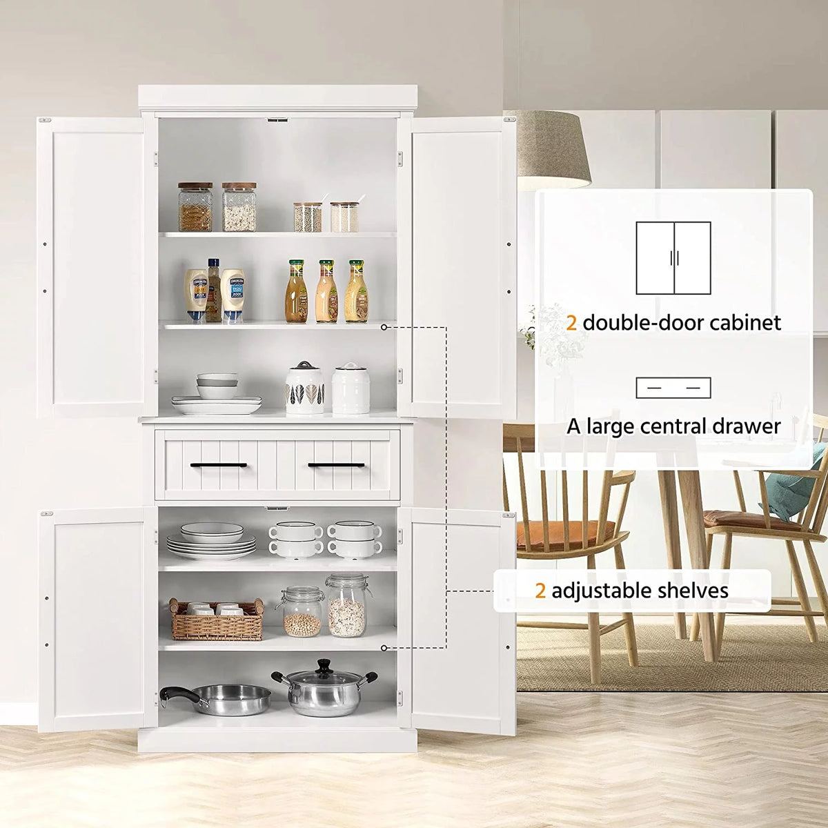 White Freestanding Kitchen Pantry Storage Cabinet with Drawer and 2 Adjustable Shelves X36222