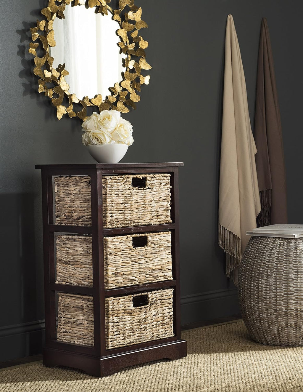 Distressed Black 3 Wicker Basket Storage Side Table N396