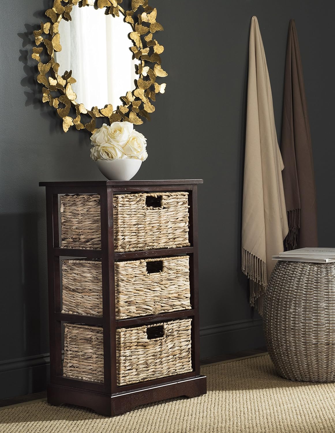 Distressed Black 3 Wicker Basket Storage Side Table N396