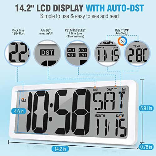 14.2’’ Wall Clock with Auto Backlight, Temp, Date, Timer, DST R474392