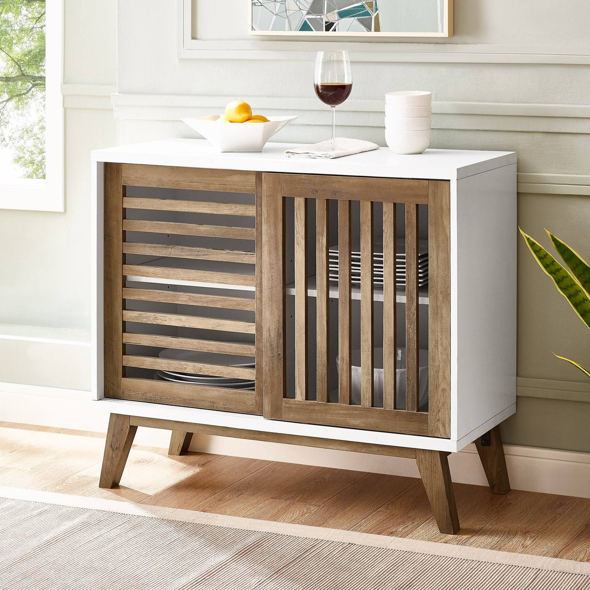 36x22 Two Shelf Laminate and Metal Accent Cabinet White with Rustic Oak L991