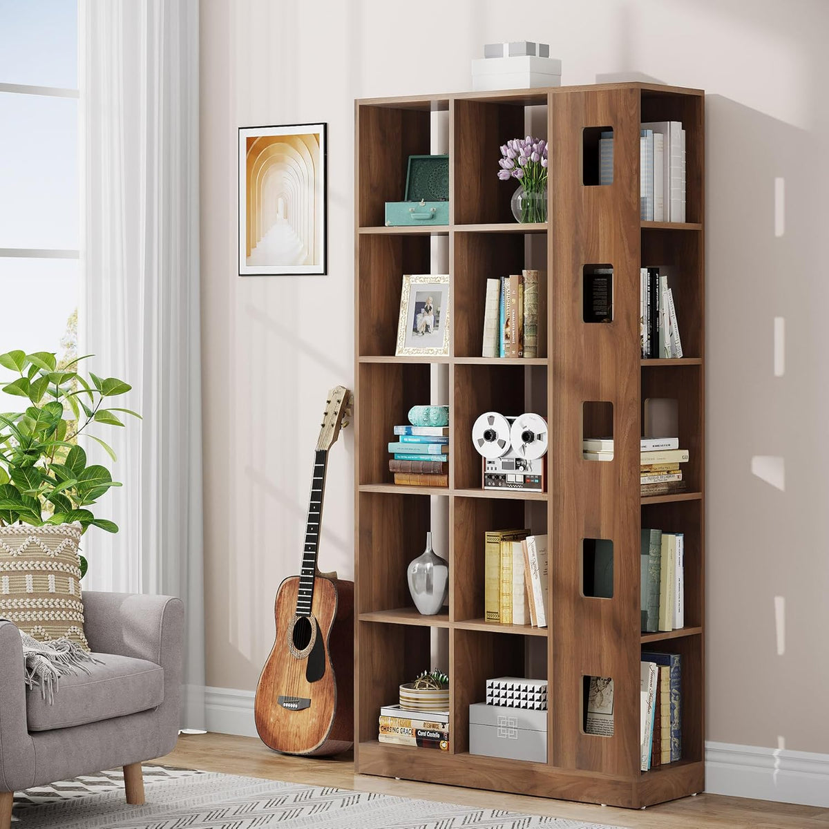 15 Cube 5 Tier Wooden Open Bookshelf (Brown) F48608