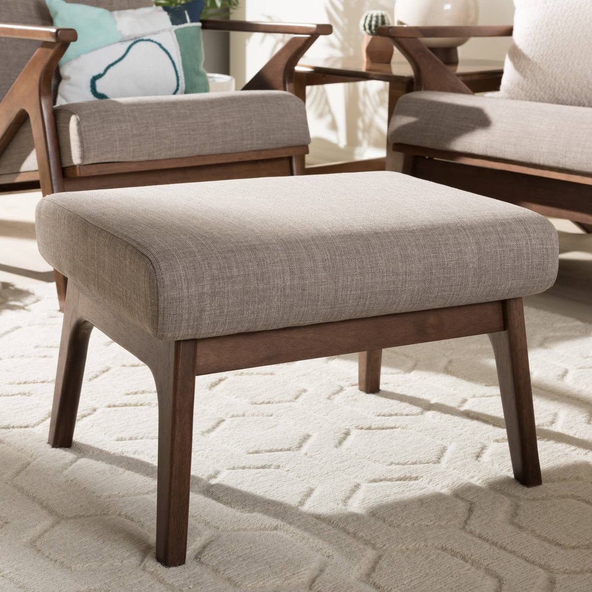 Light Grey Walnut Wood Fabric Ottoman J10522