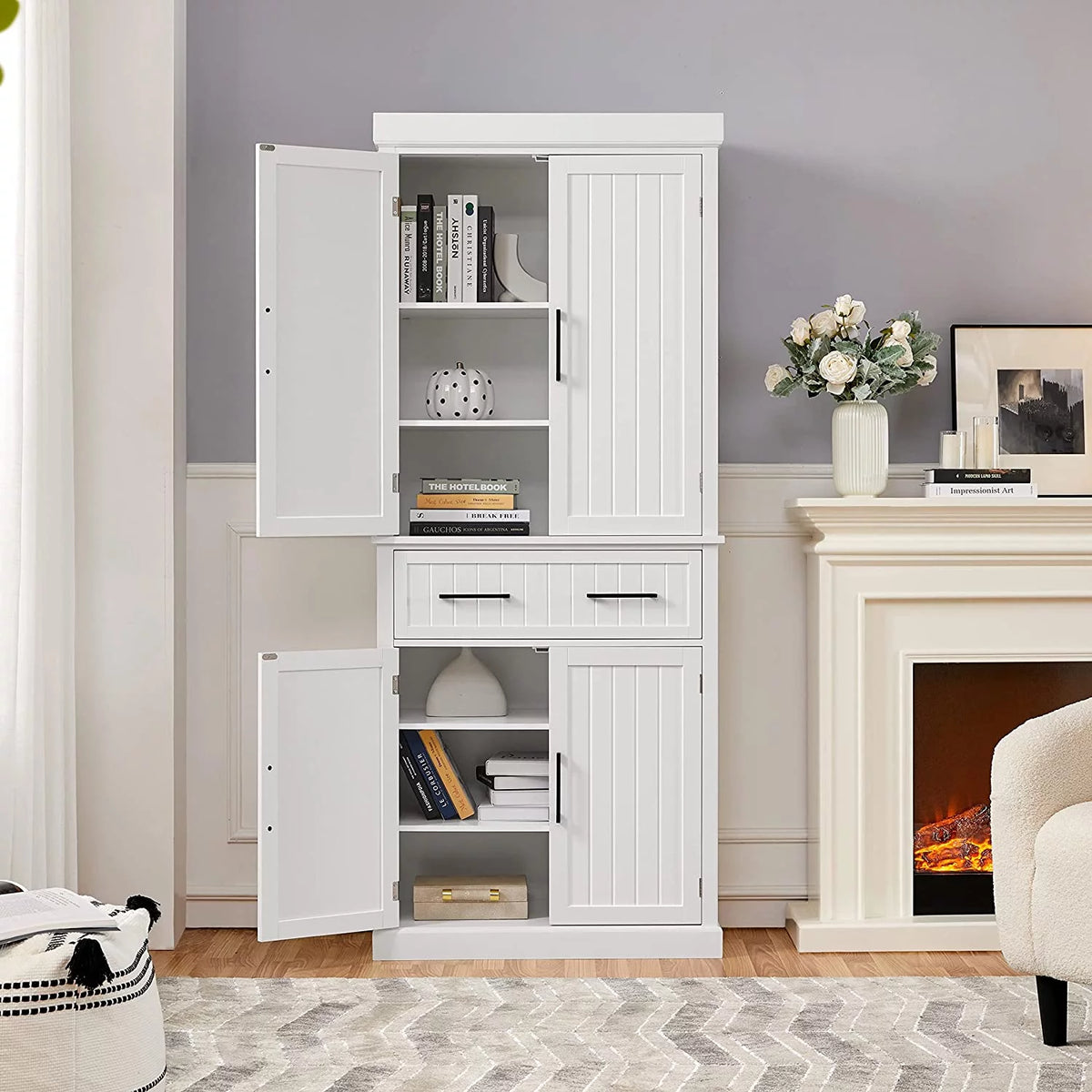 White Freestanding Kitchen Pantry Storage Cabinet with Drawer and 2 Adjustable Shelves X36222