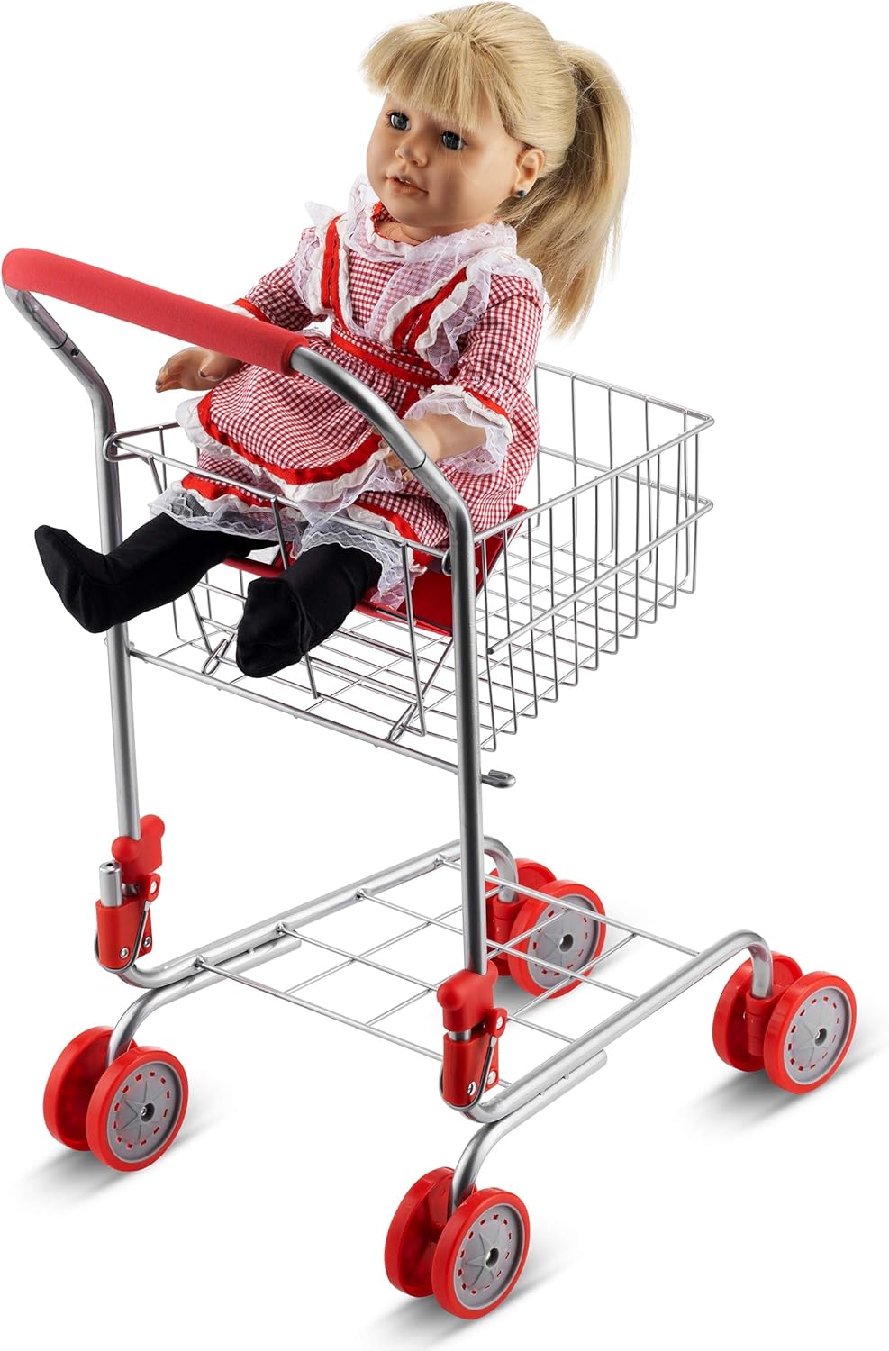 Red Foldable Toy Shopping Cart with Swivel Wheels I256627