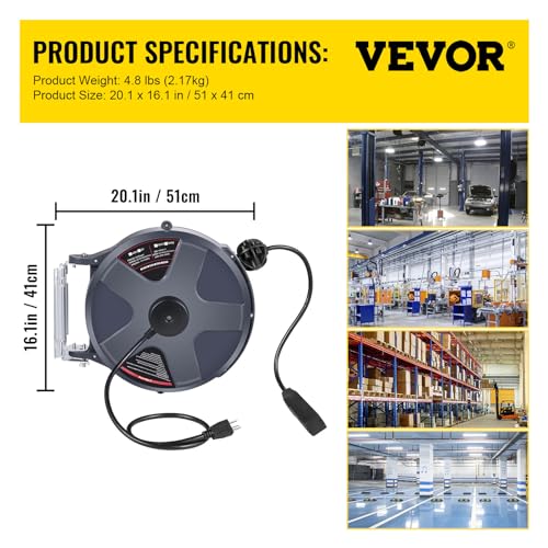 50 FT 14AWG/3C SJTOW Power Cord Reel with Lighted Triple Tap Outlet K499482
