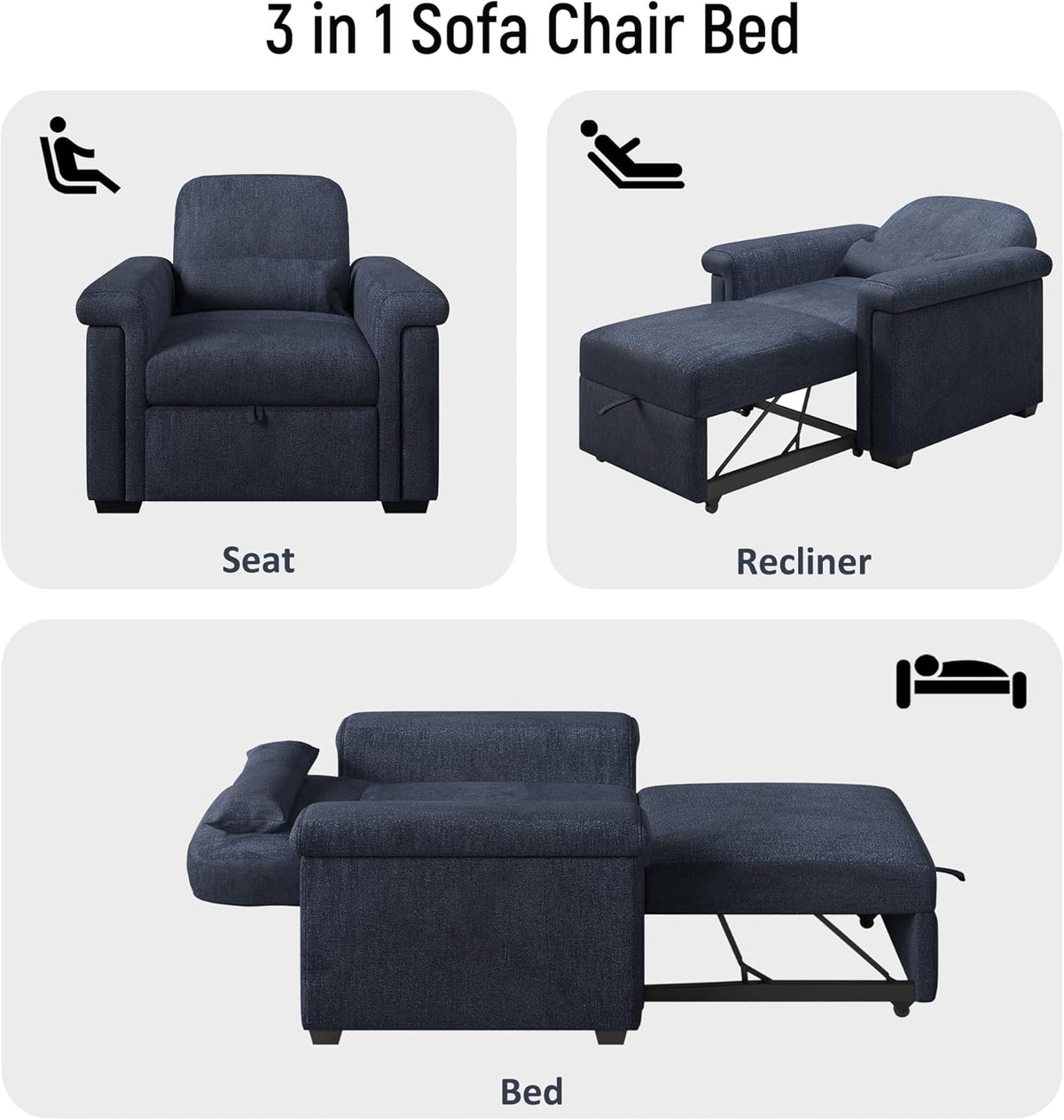 Dark Blue 3 in 1 Convertible Sleeper Chair Sofa Bed with Pillow W492