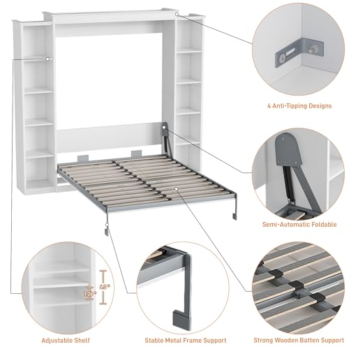 White Queen Murphy Bed Cabinet with 5-Tier Adjustable Storage Shelves E138