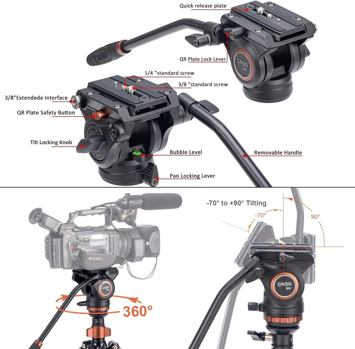 67 inches Carbon Fiber 4-Section Video Tripod with Fluid Drag Head G565365
