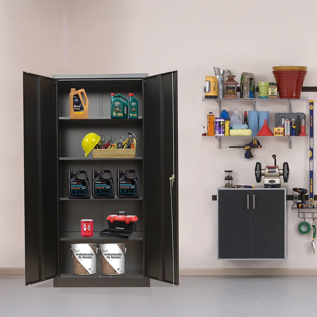 Lockable Black Steel Storage Cabinet with 2 Doors and 4 Shelves B4638