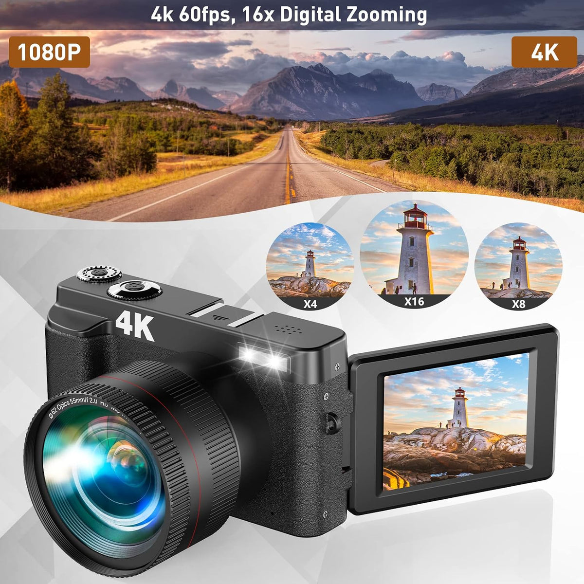 4K 48MP Digital Camera with Flip Screen WiFi O916