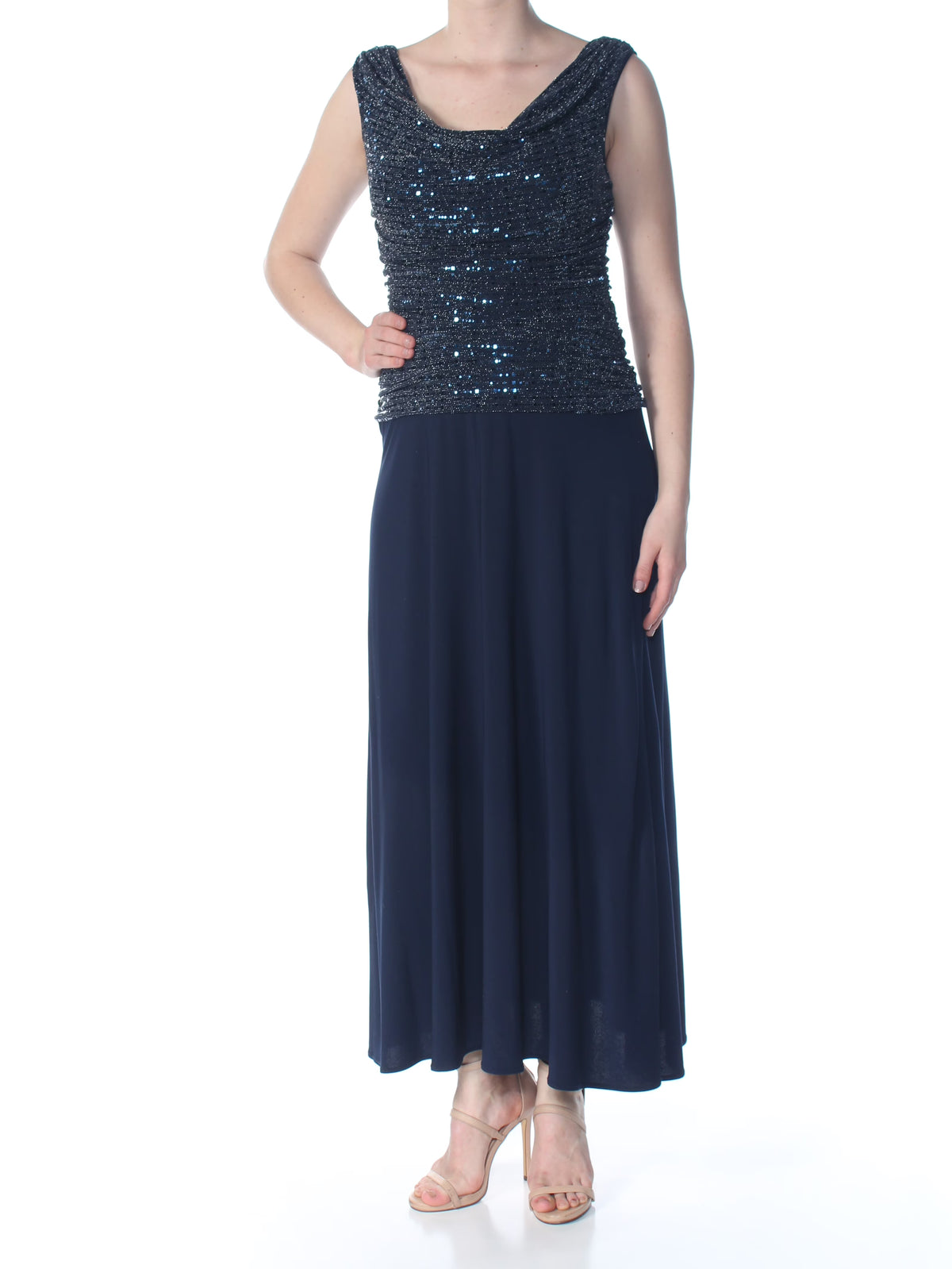 Navy Sequined V-Back Blouson Dress 10 Petites J29891