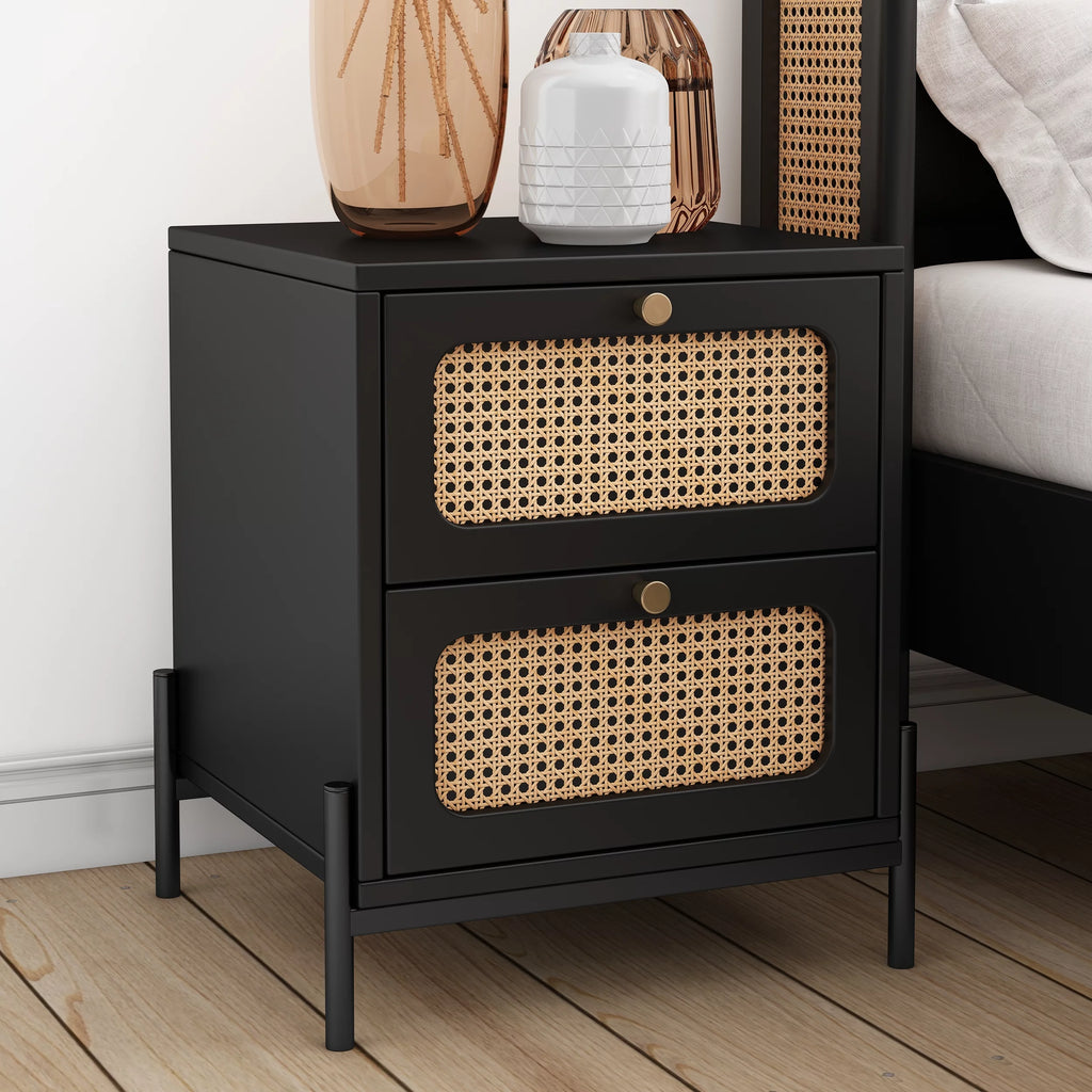 Walnut 2-Drawer Rattan Wood Side Table U788