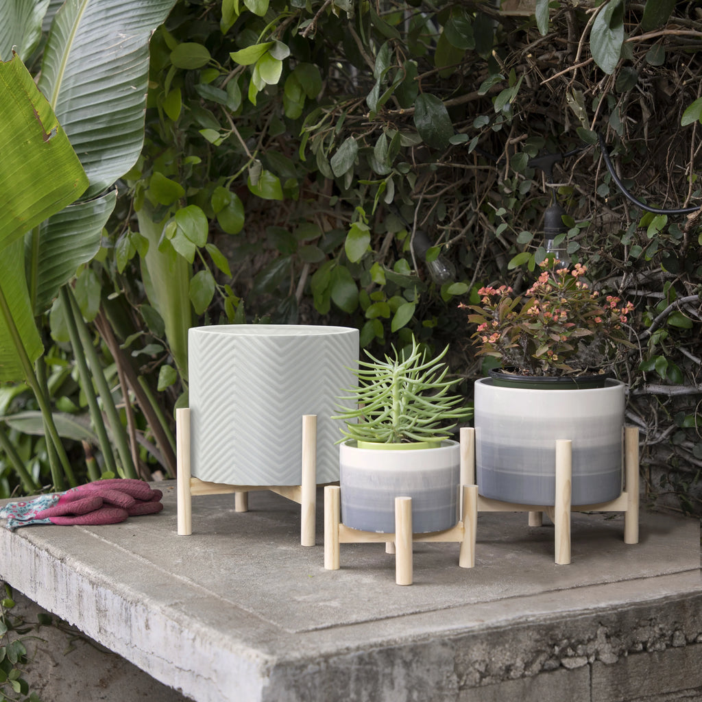 12" Ceramic Chevron Planter with Wood Stand L35383