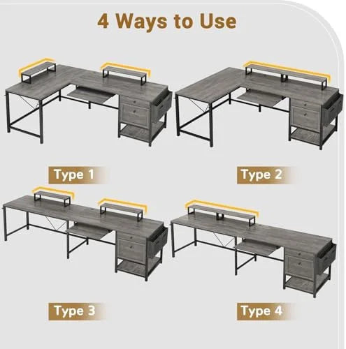 Rustic Brown L Shaped Desk with LED Lights and File Drawers M2119
