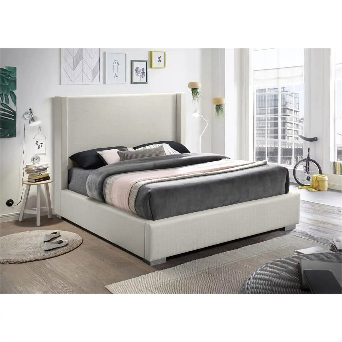 Beige Linen Textured Fabric King Bed E9601