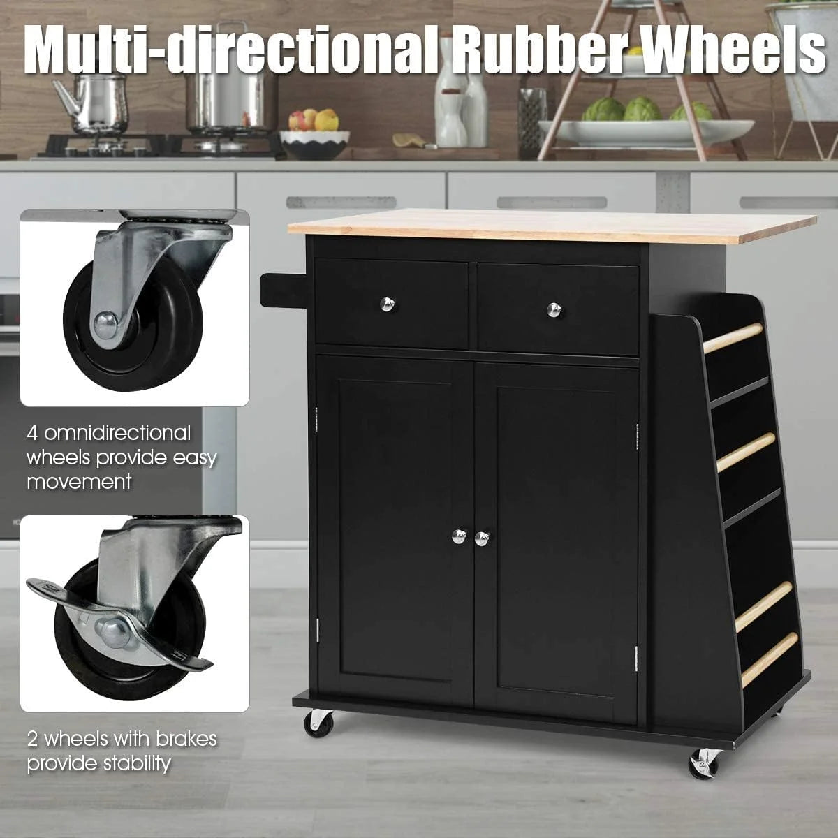 Black Wooden Kitchen Utility Cart with 2 Drawers Z649
