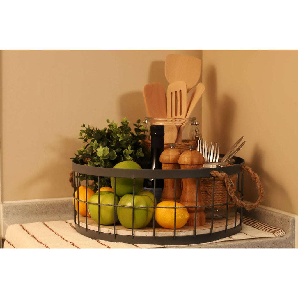 Black and Brown Round Metallic Wire Storage Baskets with Handle, Set of 2 O3683