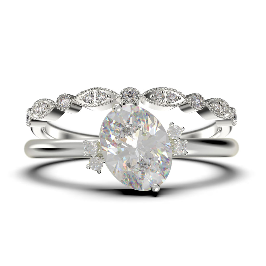 10K Solid White Gold Oval Cut Diamond Engagement Ring with Matching Band F770
