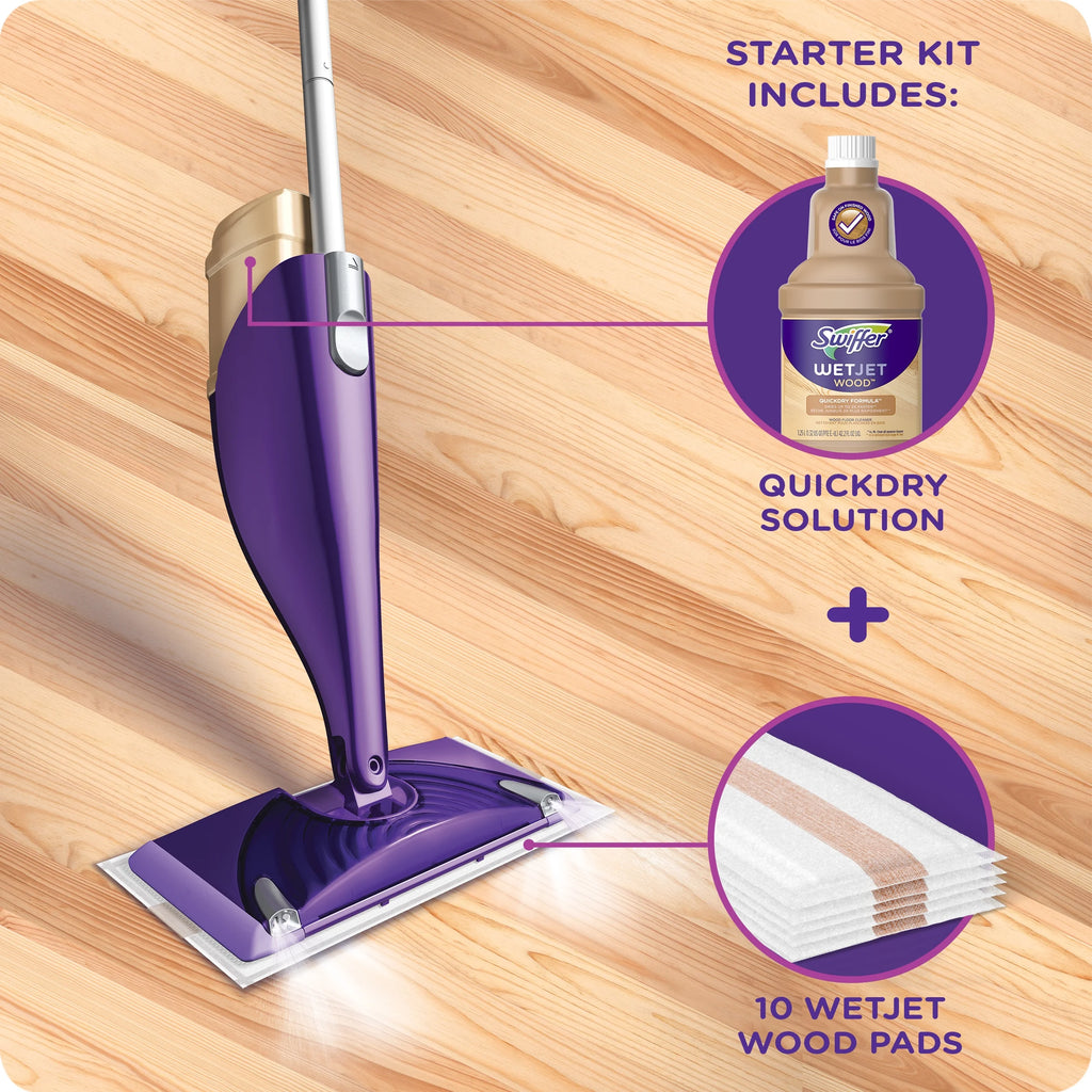 Wood Floor Mopping Starter Kit with Mop, 10 Pads, Solution, Batteries F389