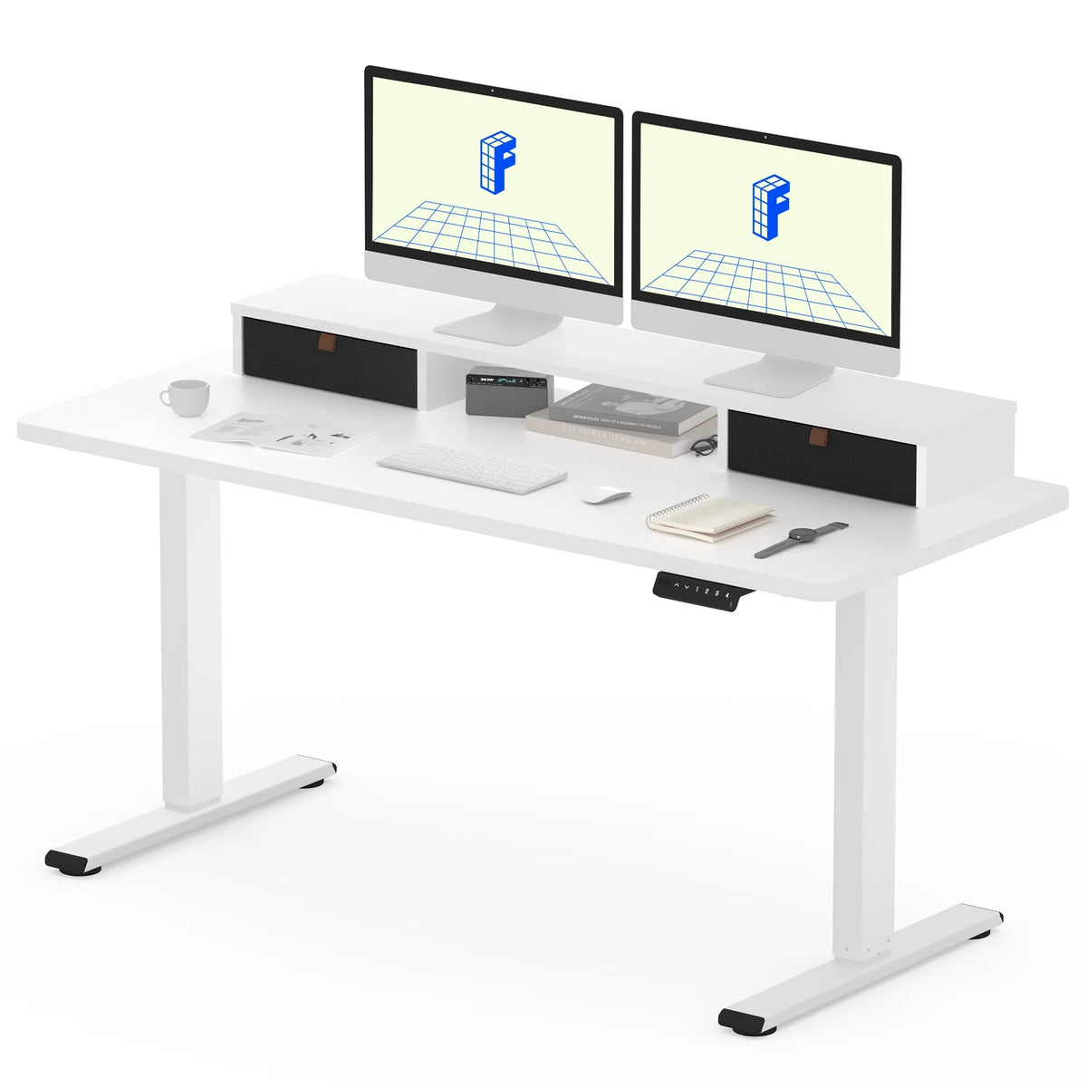 55"x24" Height Adjustable Standing Desk with 2 Drawers White Frame and White Top I2315