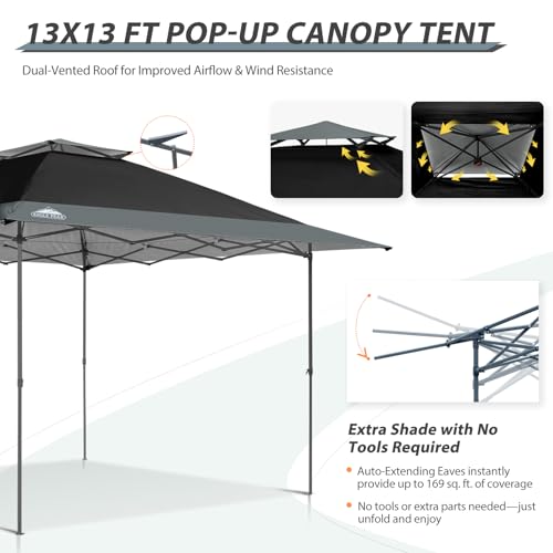13x13 Pop Up Canopy Tent with Auto Extending Eaves Gray D744