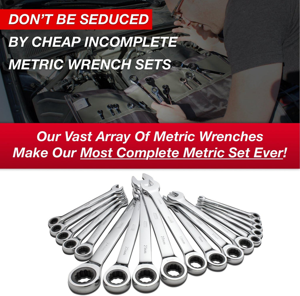 18pc MM/Metric Ratcheting Combination Wrench Set with Rollup Case P82010