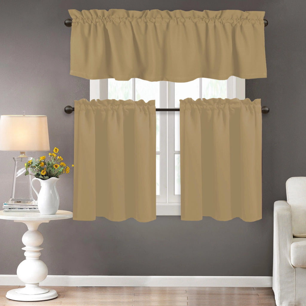 Beige 100% Cotton Kitchen Window Curtain Tiers Valance Set 3 Piece U176