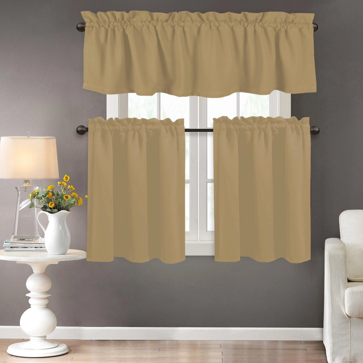 Beige 100% Cotton Kitchen Window Curtain Tiers Valance Set 3 Piece U176