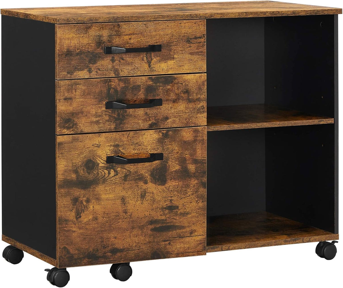Industrial 3-Drawer Mobile Lateral Filing Cabinet, Rustic Brown and Black R94048