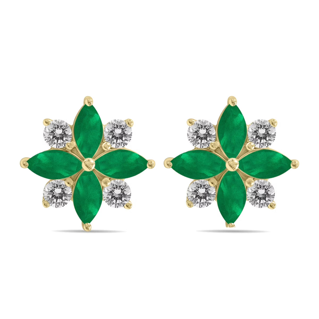 Emerald and Diamond Flower Earrings in 10K Yellow Gold U80719