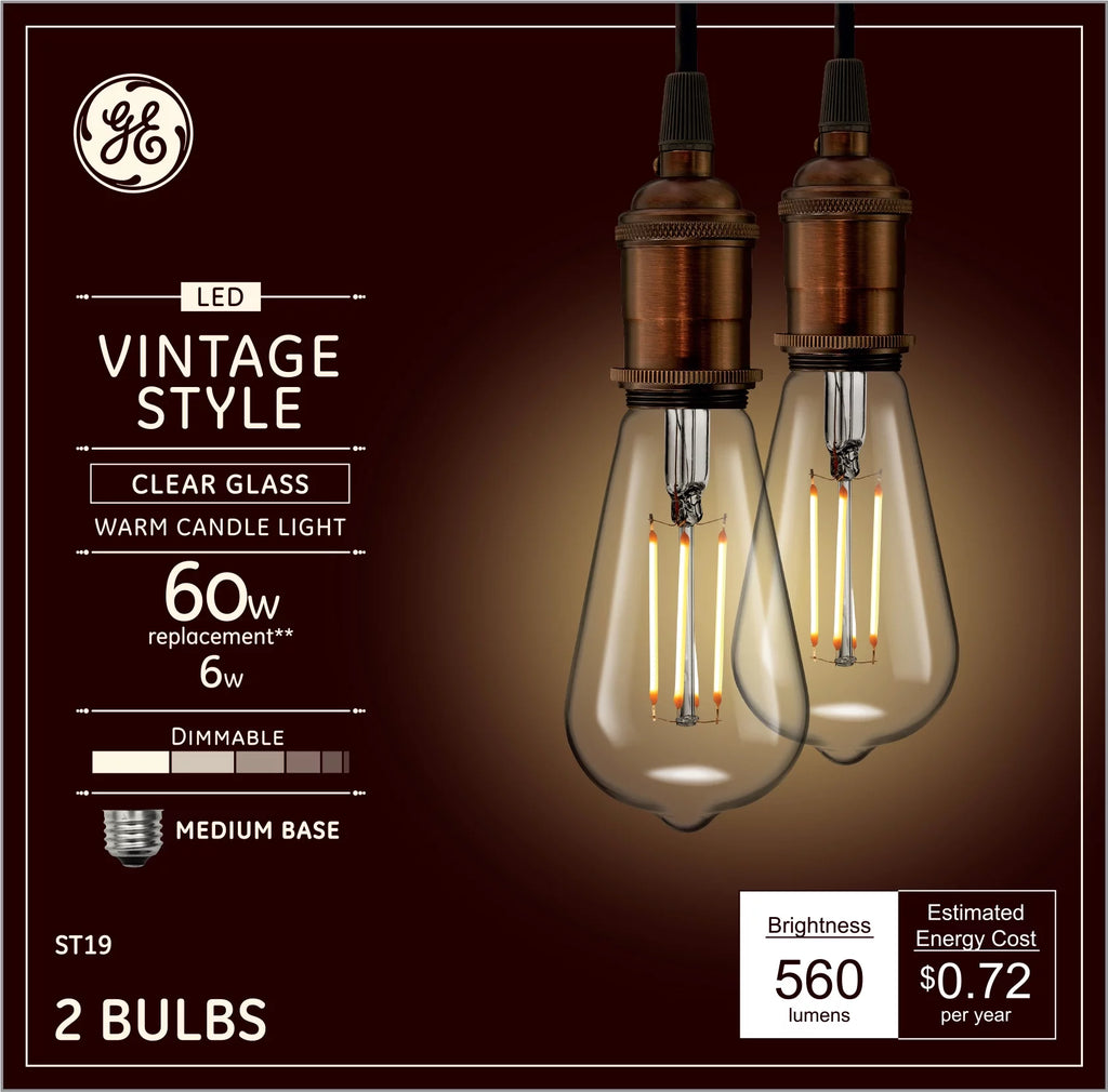 Vintage Style LED Edison Light Bulbs, Clear Glass, 2pk O57918