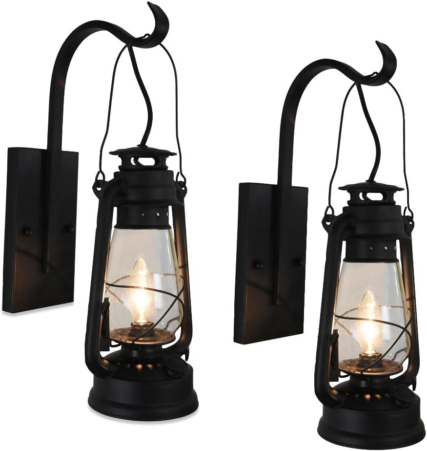 Set of 2 Pack Black Lantern Wall Sconce Hurricane Glass T19136