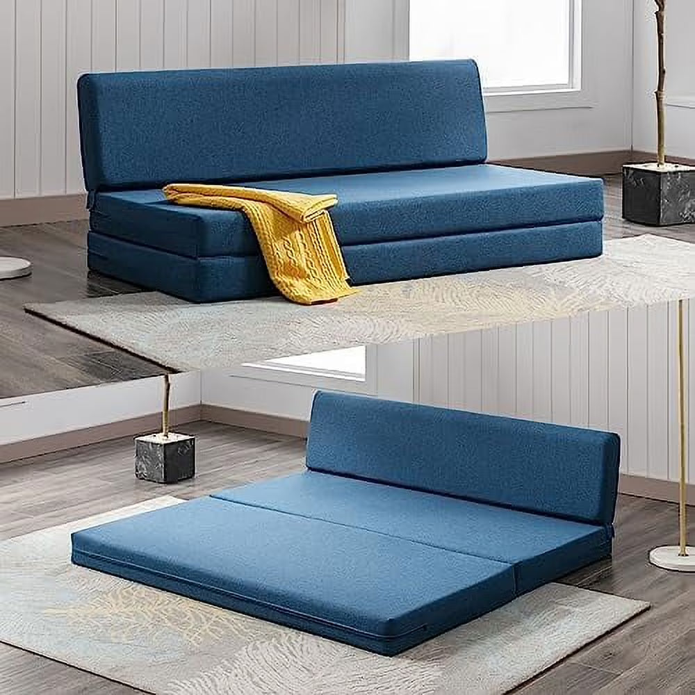 Twin Folding Sofa Couch Bed with Memory Foam Mattress Linen Fabric O60602