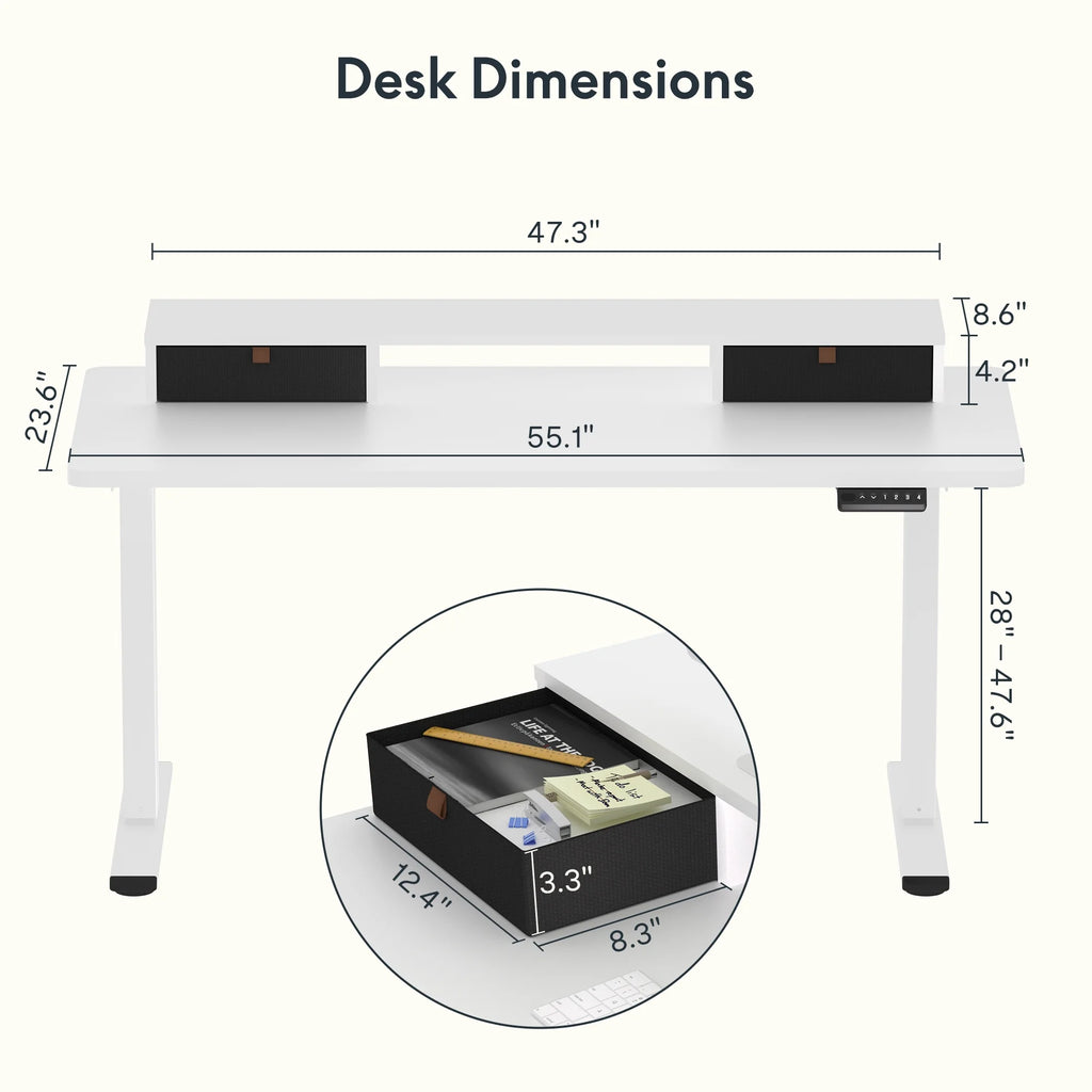 55"x24" Height Adjustable Standing Desk with 2 Drawers White Frame and White Top I2315
