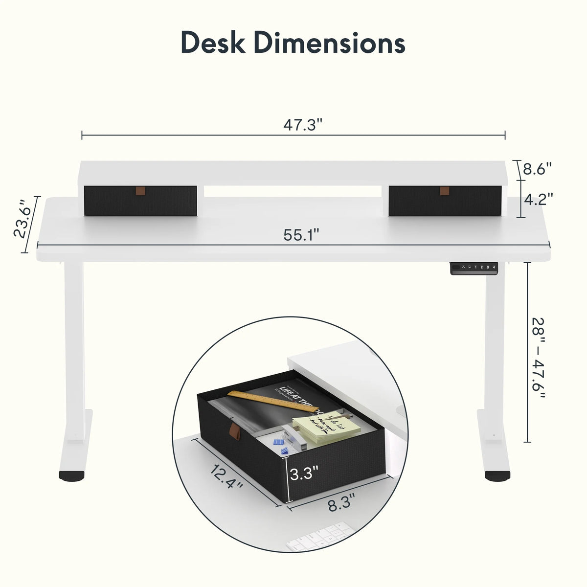55"x24" Height Adjustable Standing Desk with 2 Drawers White Frame and White Top I2315