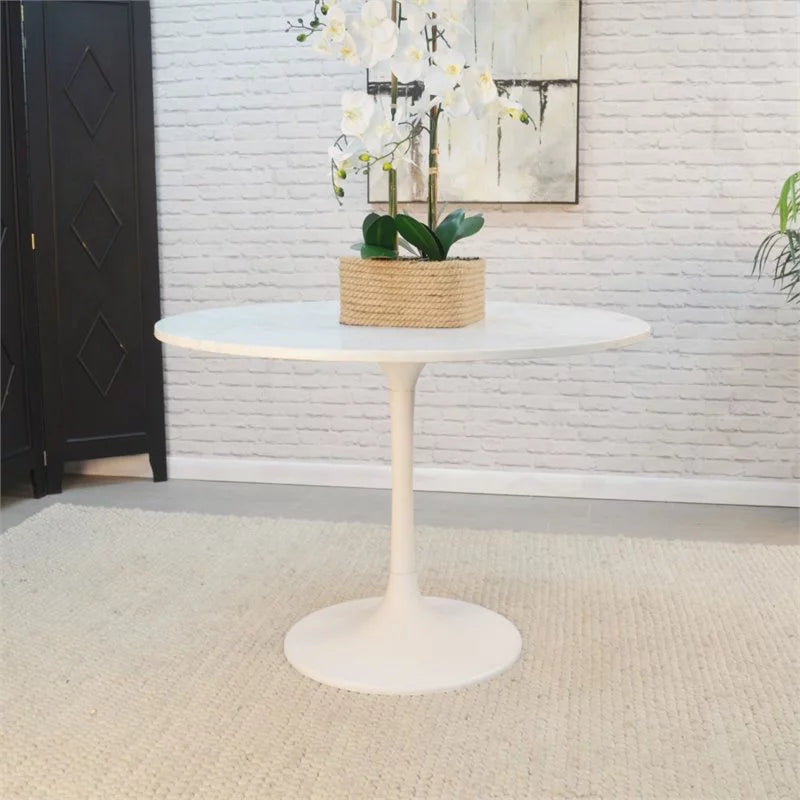 40 Inch Round Marble Top Dining Table with White Base R59588