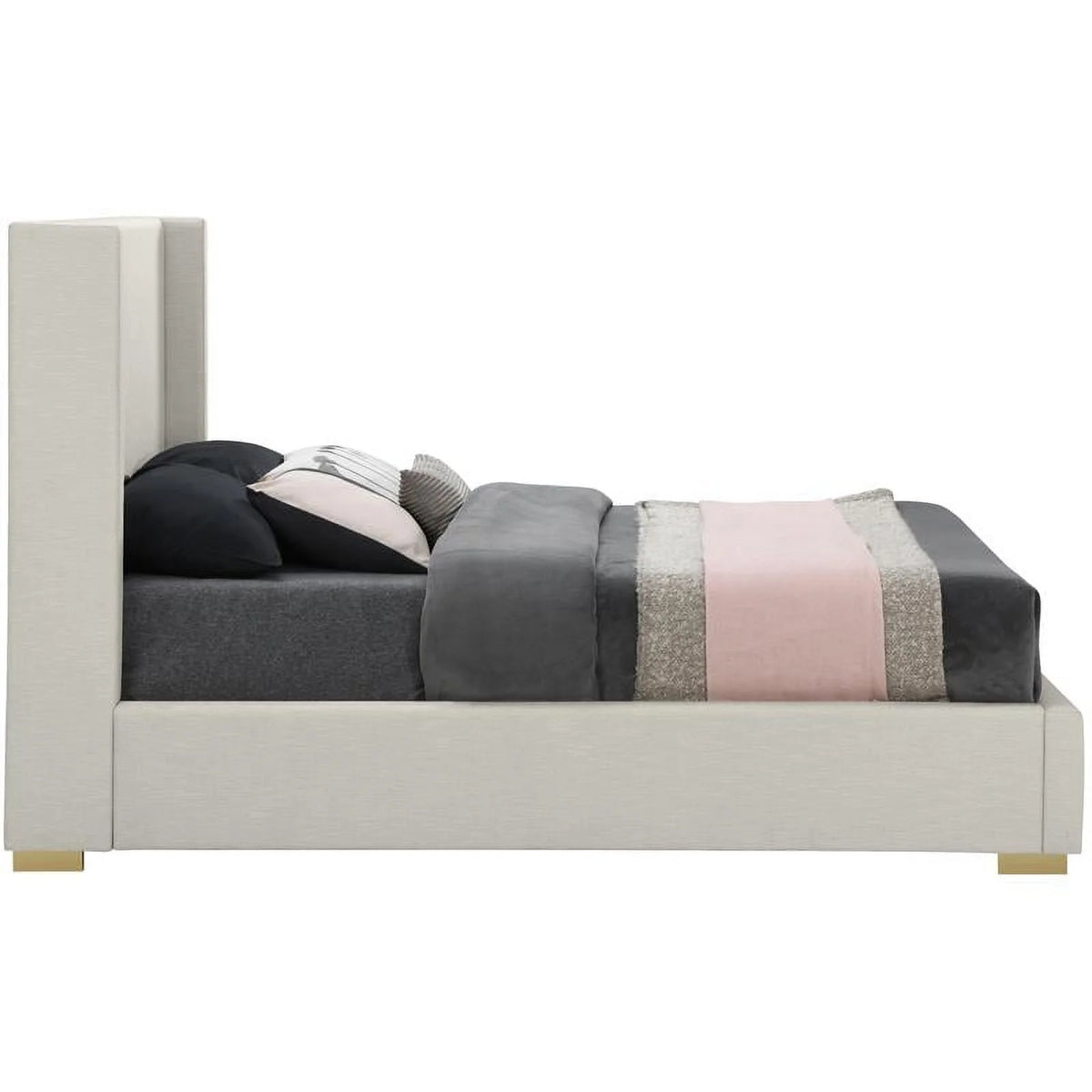 Beige Linen Textured Fabric King Bed E9601