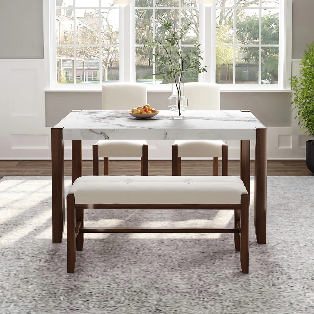 4-Piece Faux Marble Dining Furniture Set with 2 Upholstered Chairs & Bench D727089