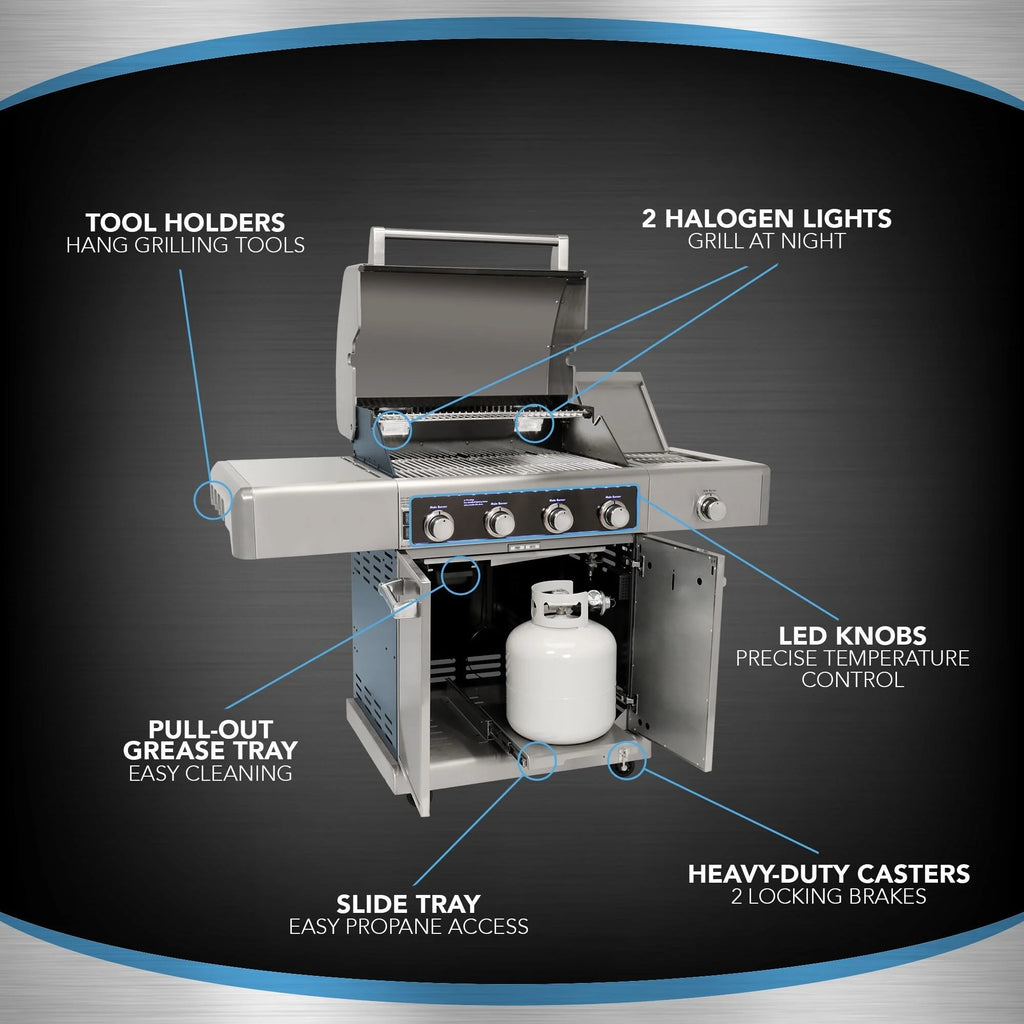 4 Burners Gas Grill with Side Burner, 64,000-BTU, Gunmetal P63195