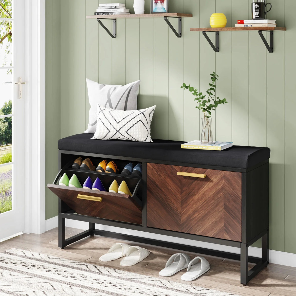 Shoe Storage Bench with Cushion & 2 Flip Drawers Z373259
