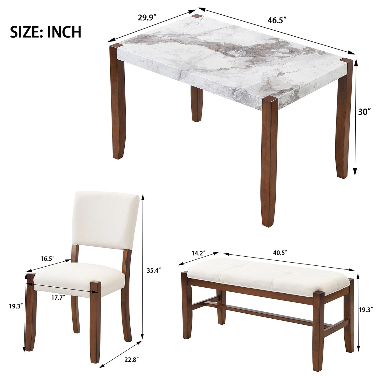 4-Piece Faux Marble Dining Furniture Set with 2 Upholstered Chairs & Bench D727089