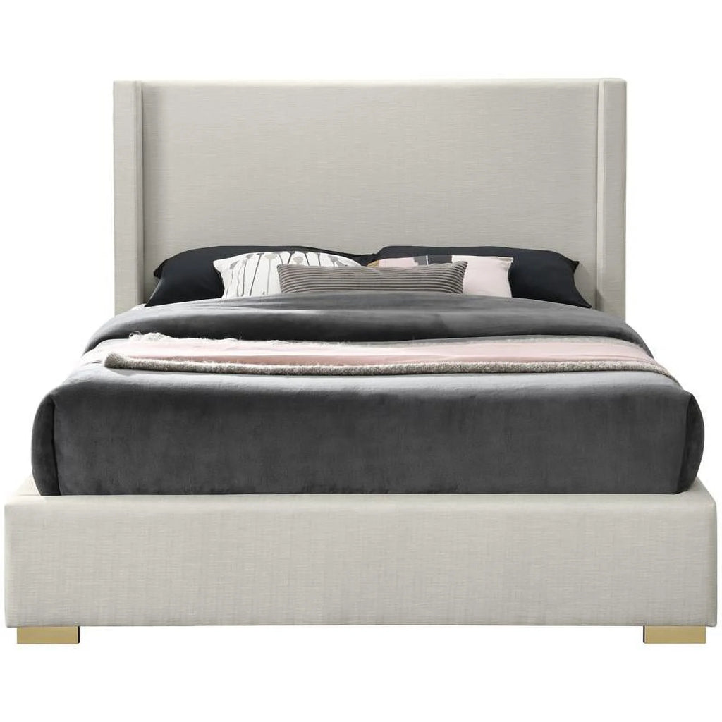Beige Linen Textured Fabric King Bed E9601