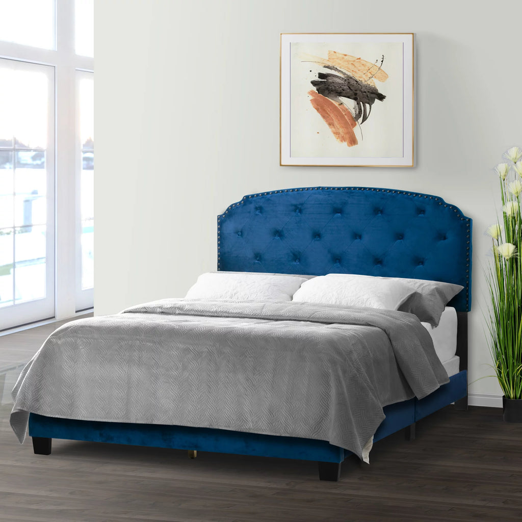 Queen Bed with Button Tufting and Nail Head Trim in Blue X542665