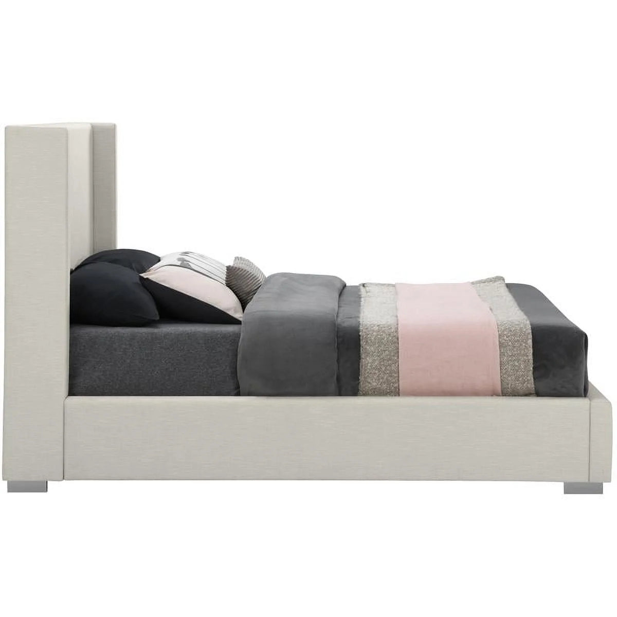 Beige Linen Textured Fabric King Bed E9601
