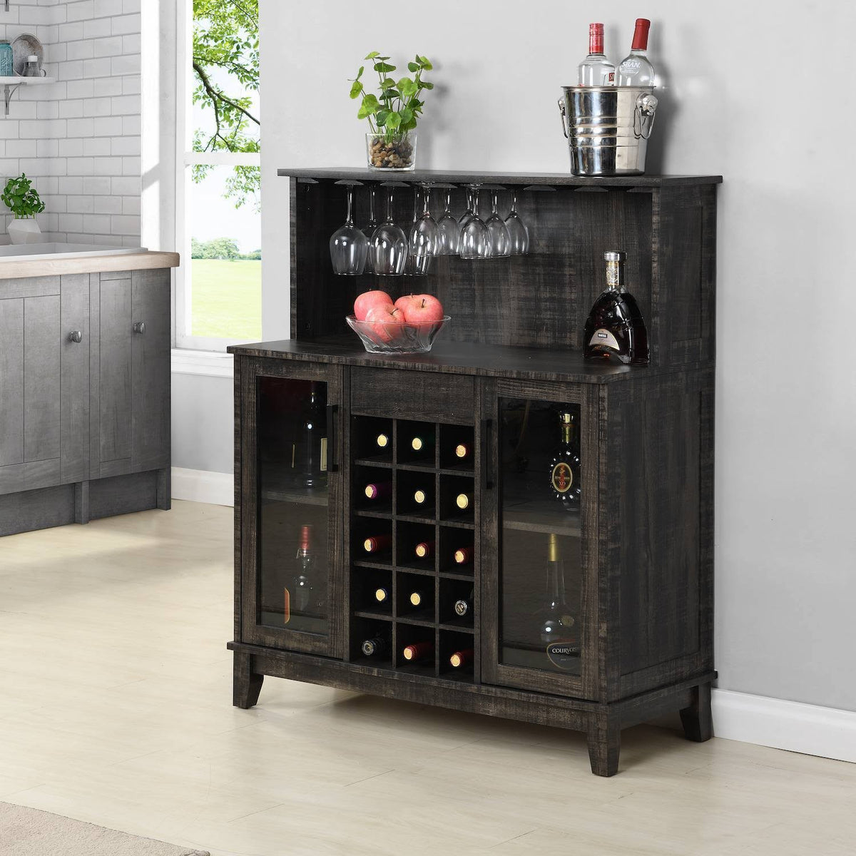 Charcoal Wine Bar Cabinet with Glass Doors R445956