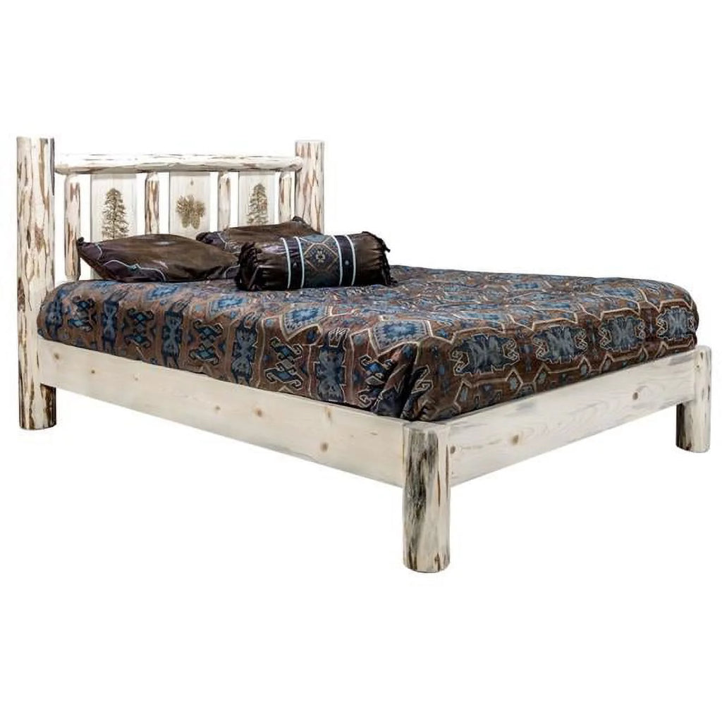 Full Platform Bed with Laser Engraved Pine Tree Design V288844